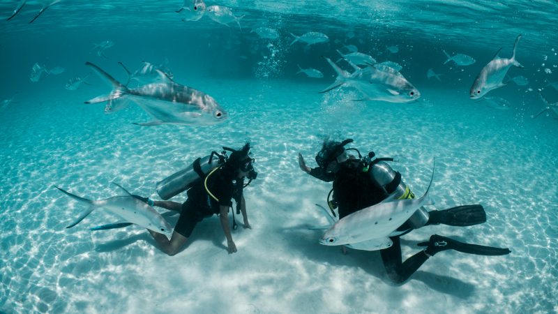 two scuba divers kneeling on the sand in a clear shallow lagoon in the maldives surrounded by fish